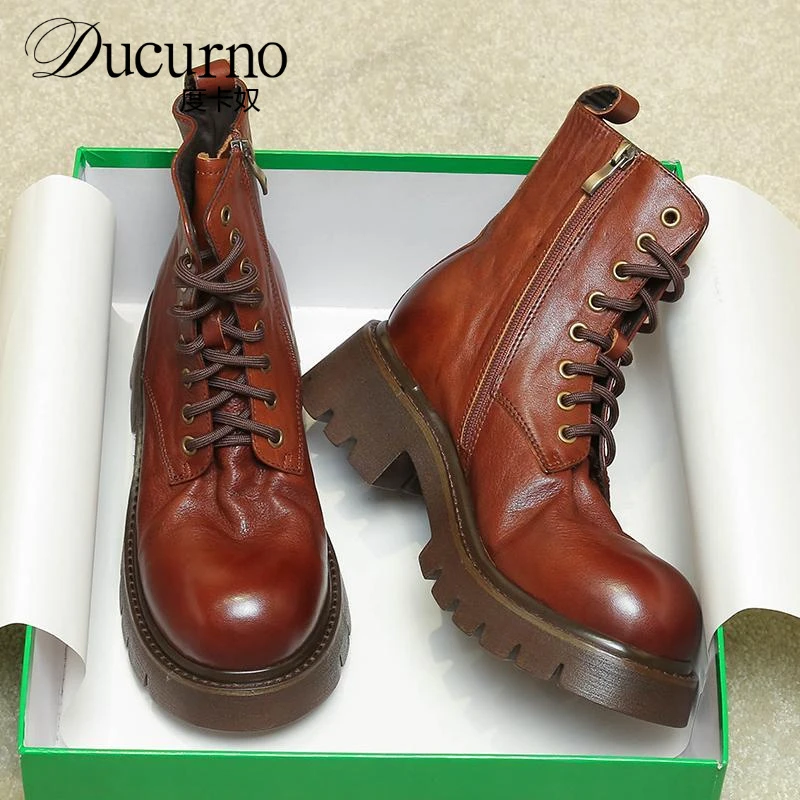 水洗马皮马丁靴女款2025新款英伦风真皮复古厚底增高大头春秋单靴