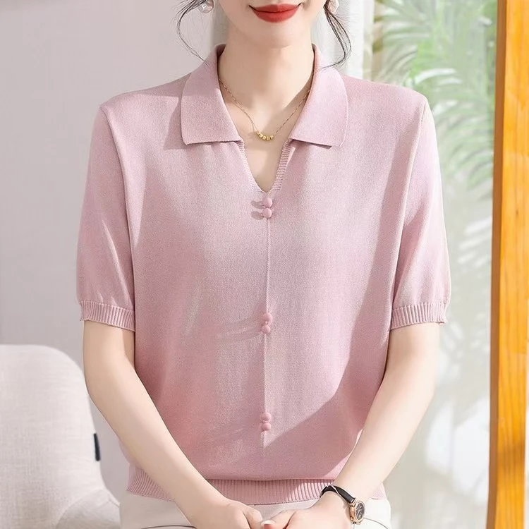 夏季短袖T恤女针织妈妈新款宽松针织翻领短袖薄款上衣8979