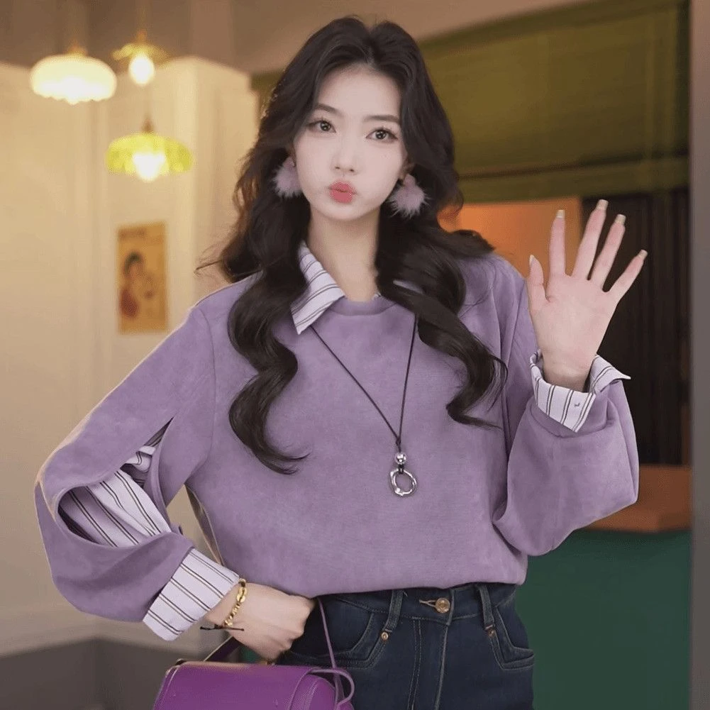 2025新款拼接假两件宽松紫色卫衣女款春秋装爆款休闲百搭气质上衣