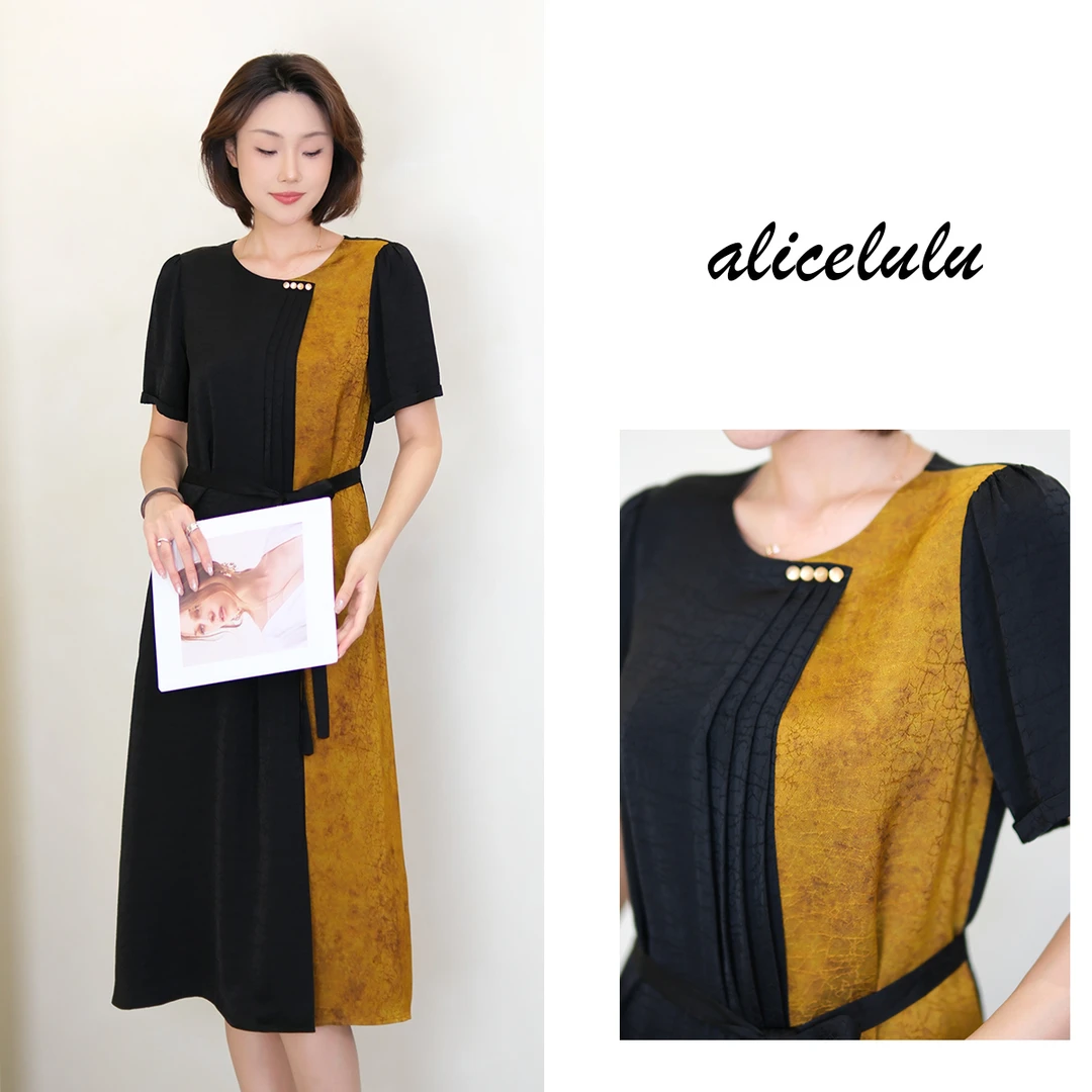 5 alicelulu 新中式圆领系带收腰显瘦短袖连衣裙 S2143205E