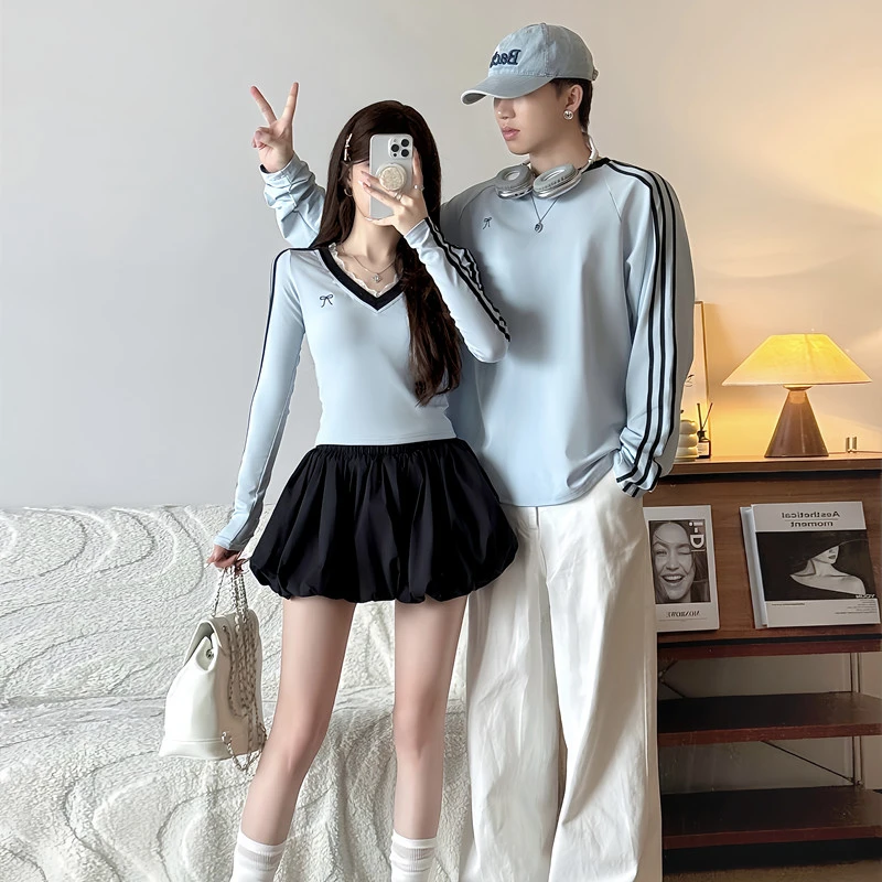 情侣装ins超火2025新款早秋显瘦长袖时尚韩版一长一短上衣t恤潮流