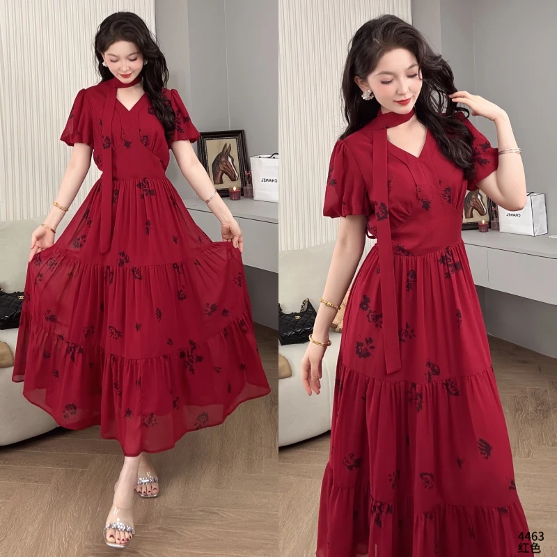 Saeda女装红色仙女碎花法式连衣裙YF4463