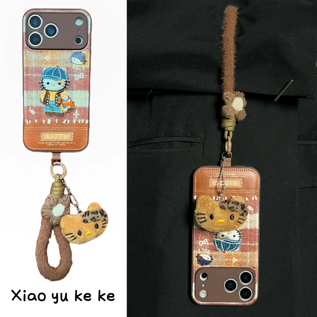 趣味黄棕格纹刺绣贝雷帽kt猫适用iPhone17promax手机壳苹果16pro