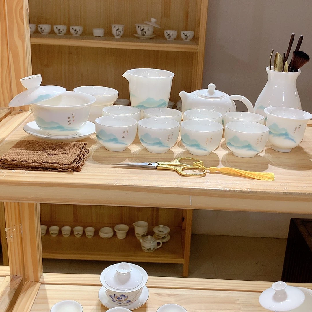羊脂玉瓷一览众山小22件套功夫茶具
