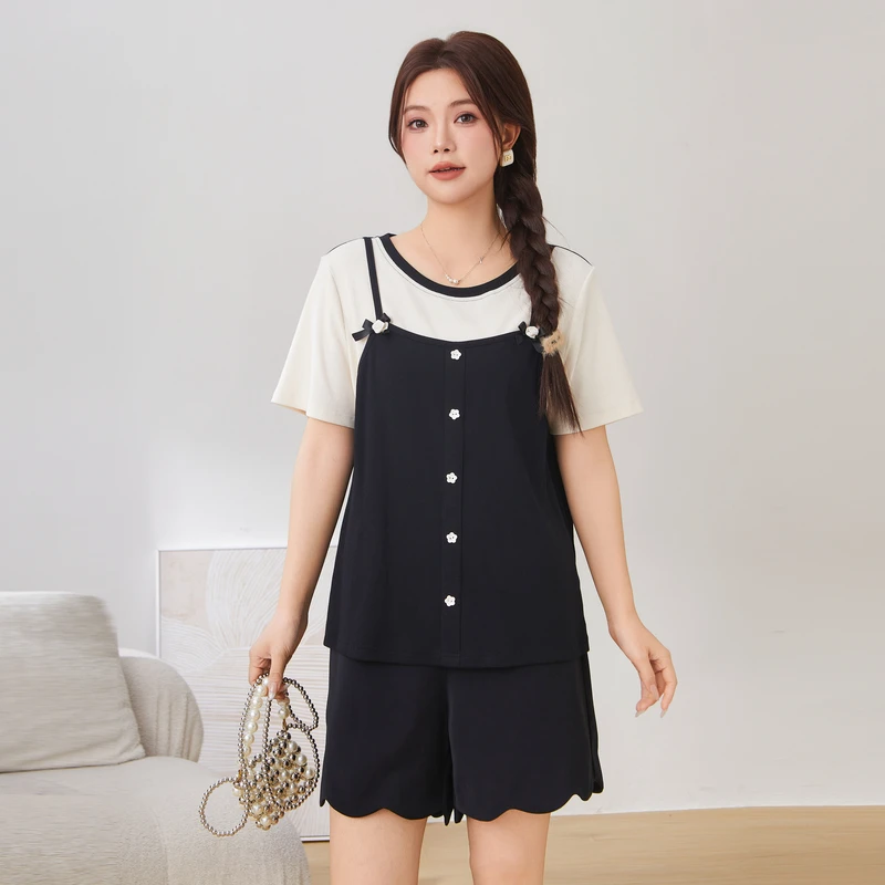 采多宝大码女装洋气减龄撞色拼接假两件针织上衣 EXZ2959