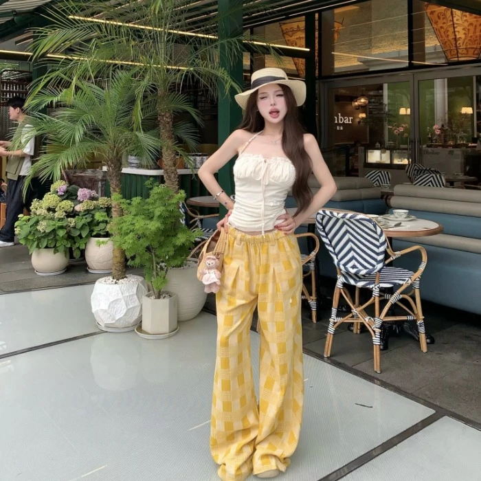 白色性感露背串珠挂脖吊带背心女夏季新款松紧腰格子阔腿长裤套装