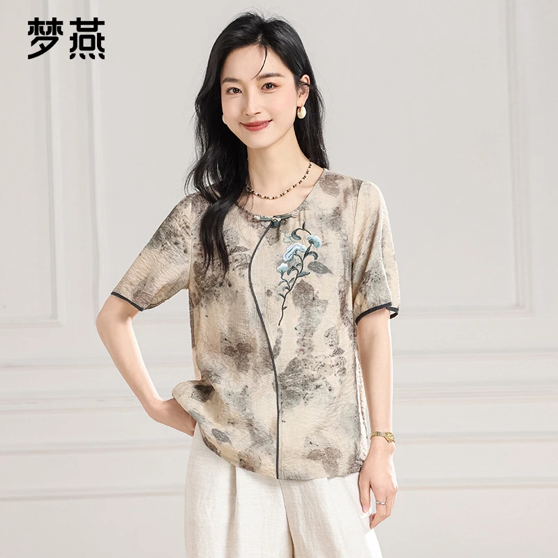 梦燕夏季女款时尚百搭气质复古新中式宽松休闲经典小衫BA03B5003