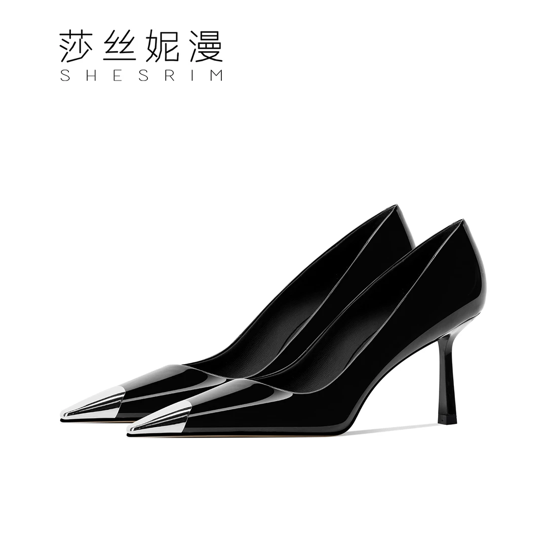 220-2025春季气质百搭时尚性感黑色尖头浅口漆皮细高跟优雅细跟