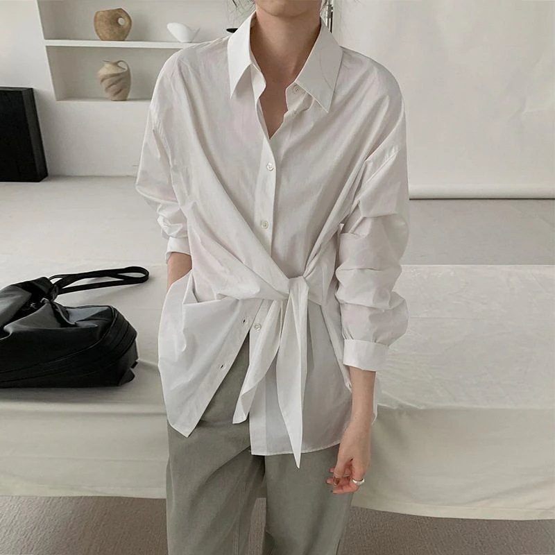 TG 气质通勤绑带打结收腰翻领衬衫女2025春季新款中长款上衣2457