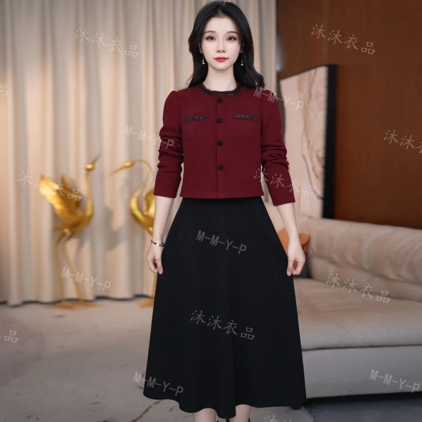 安哥拉红连衣裙春秋显瘦气质长袖时尚复古秋冬秋季洋气春季