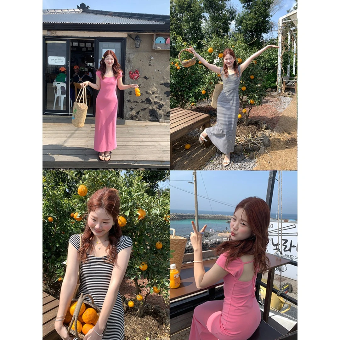 火火火【浪漫时区】韩系方领露背绑带针织粉色条纹连衣裙L33371HH52