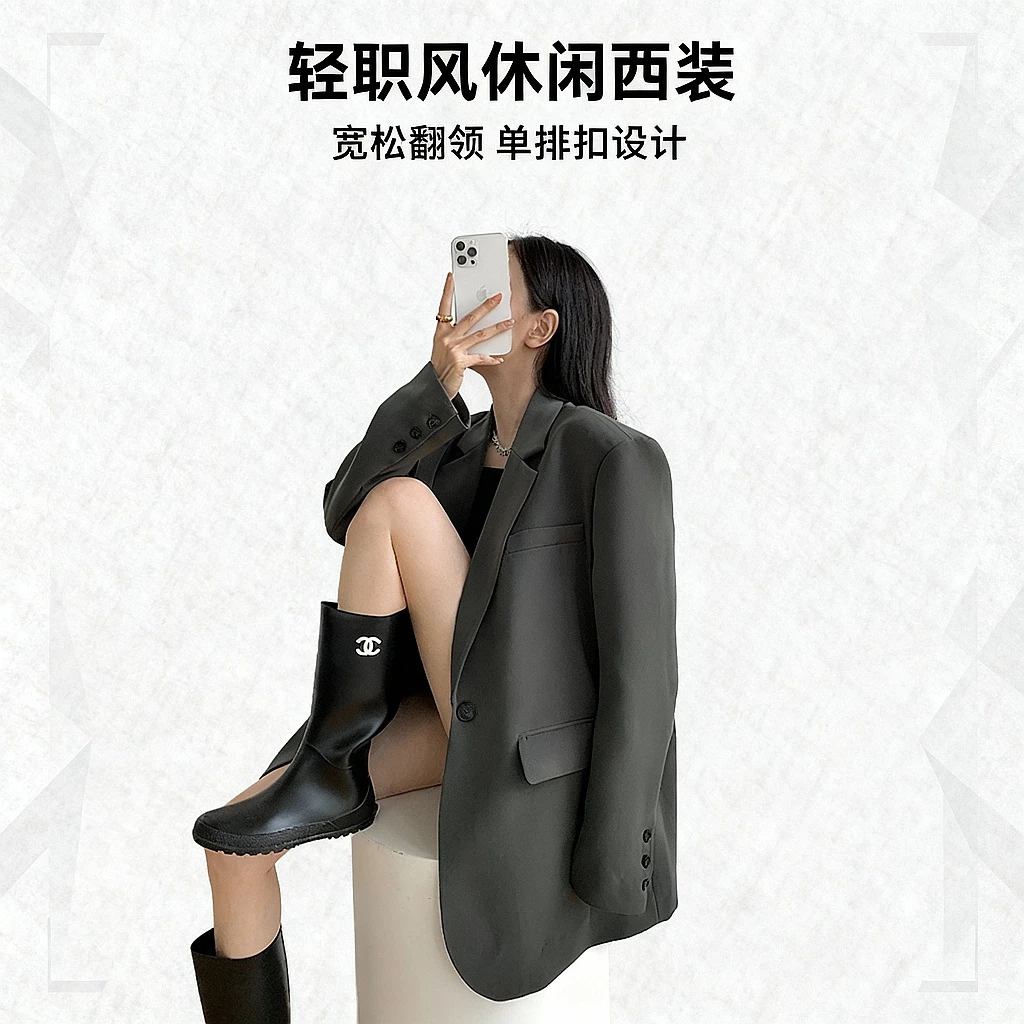 周淼ZHOUMIAO   高级设计感宽松女士黑色休闲小西装外套女ZM21758