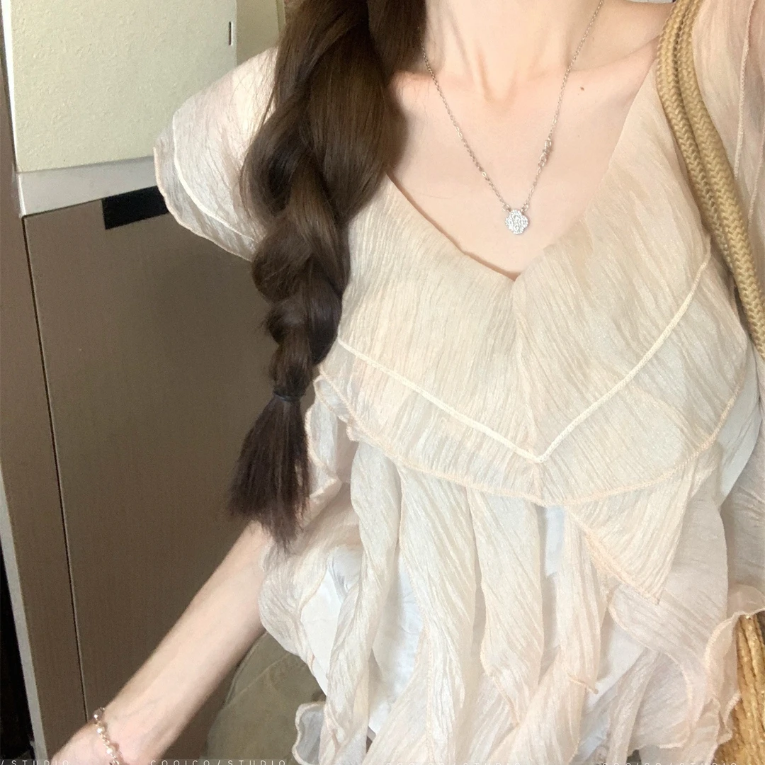 仙仙夏新款韩系甜美不规则荷叶边V领背心衬衫露背系带上衣