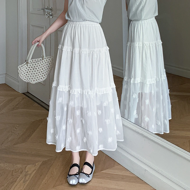 白色中长款半身裙女夏新款显瘦a字长裙仙女裙A字裙子松紧腰纯色