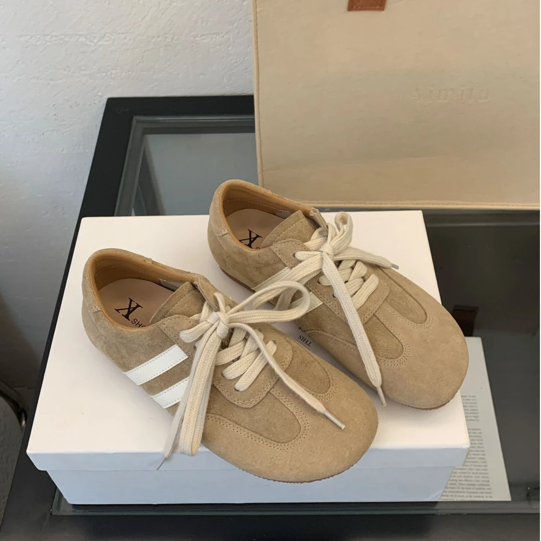 圆头板鞋2025真皮系带休闲鞋学生运动复古女鞋小众韩版百搭德训鞋