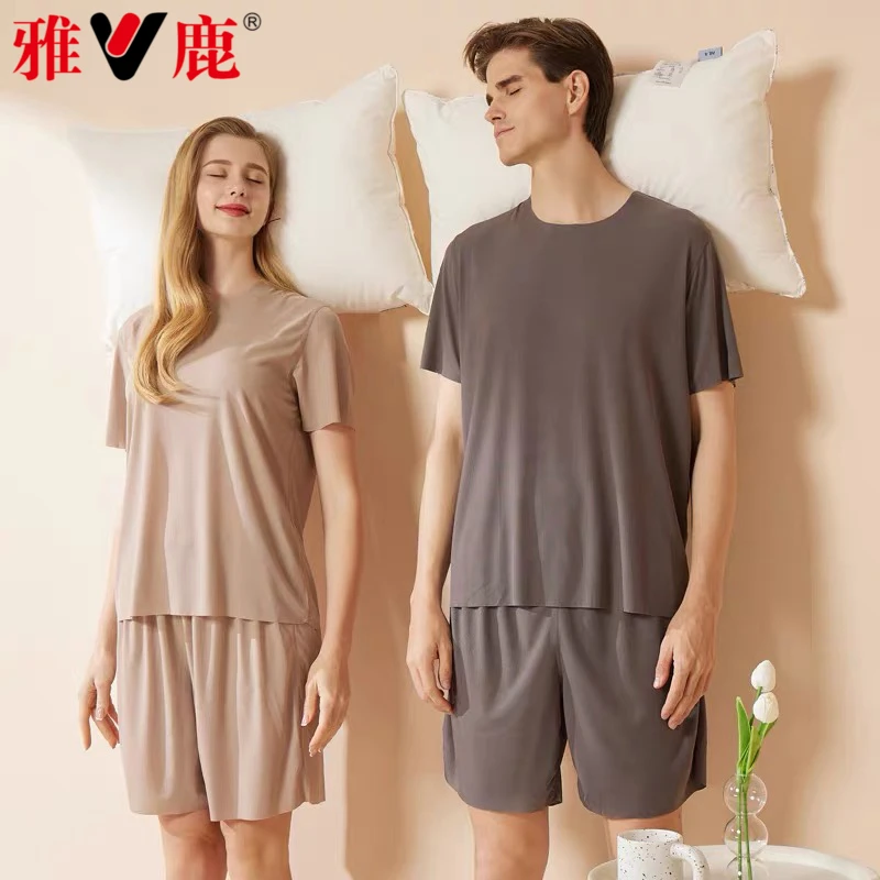 雅鹿冰丝螺纹睡衣套装情侣休闲家居服男女士圆领薄款短袖T恤短裤