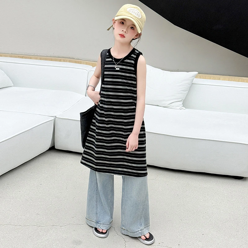 女童夏装时尚套装2025新款6-12岁15中大童洋气背心裙牛仔裤两件套