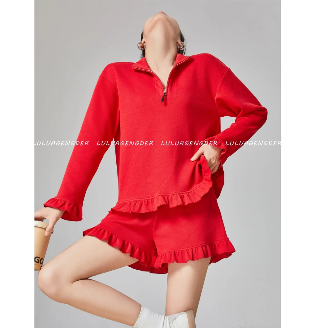 lulu同款法式木耳花边套装女气质名媛红色翻领长袖高腰短裤两件套