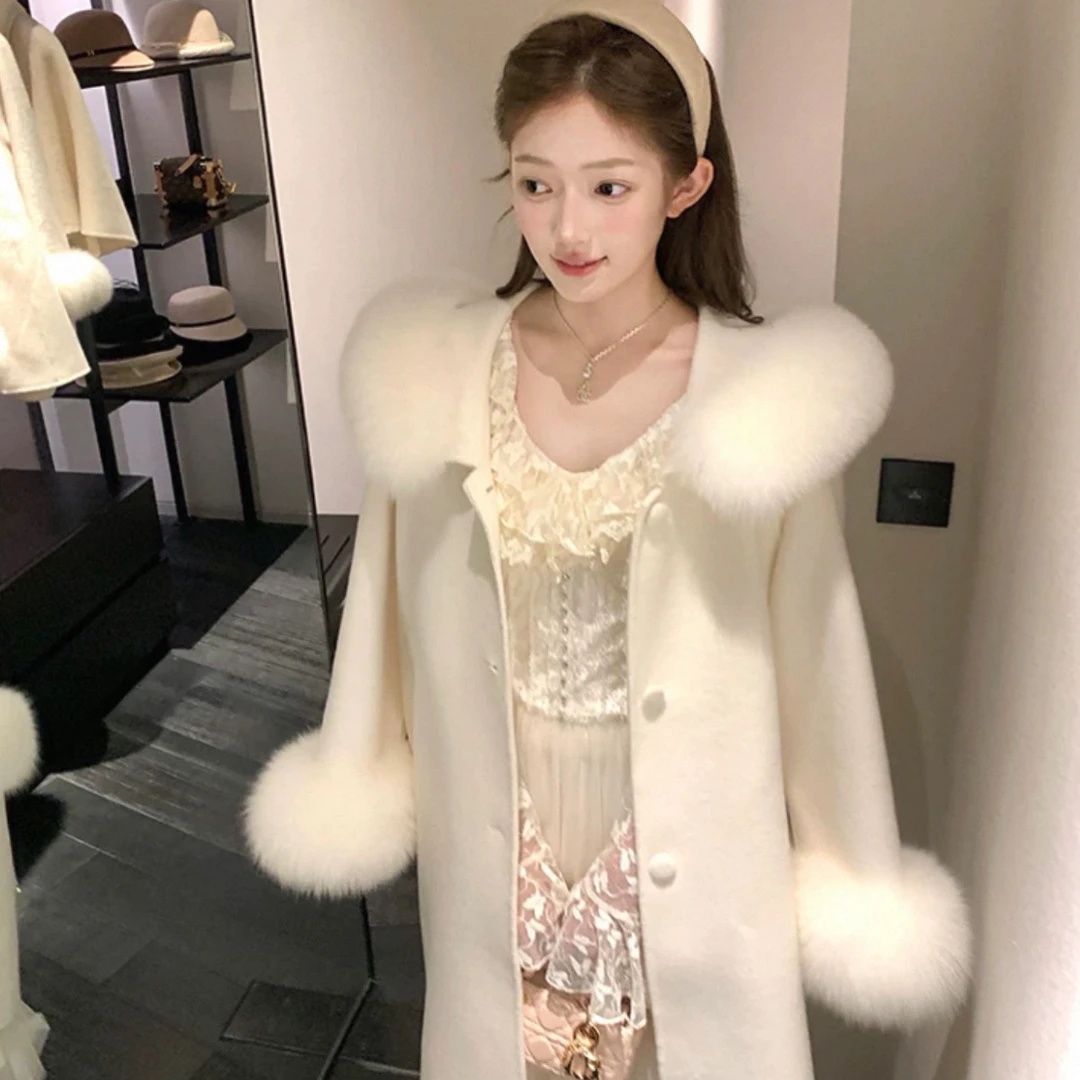 "朝朝暮暮"羊毛双面呢大衣女款过膝冬季狐狸毛赫本风