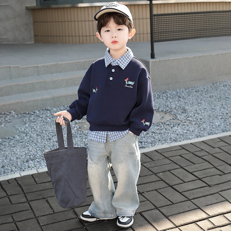 布衣草人中小儿童卫衣假两件男童春装2025新款男宝韩版春季衣服潮