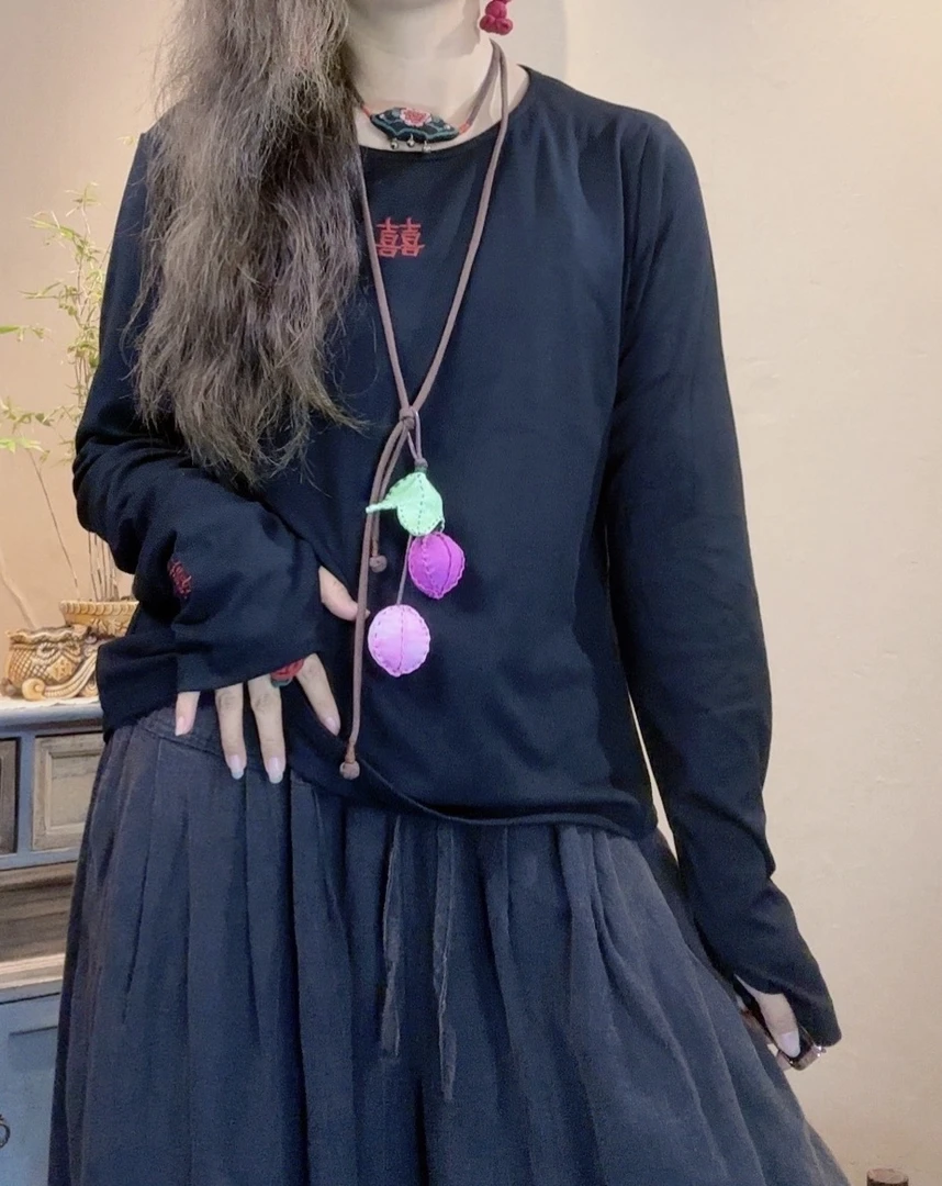 【语禾】2941秋冬必备打底神器针织弹力棉喜字刺绣T恤 长57胸围104