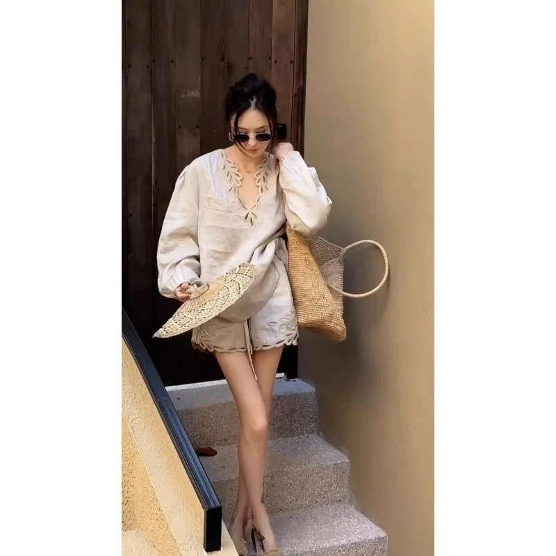 禅意风亚麻衬衫套装女夏季小众设计感宽松长袖花边衬衣短裤两件套