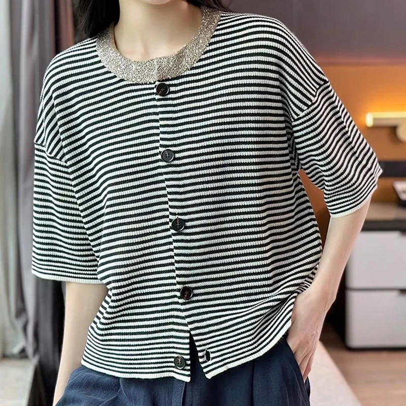 拼色条纹设计感重工亮片针织开衫2025夏季宽松通勤百搭休闲上衣女