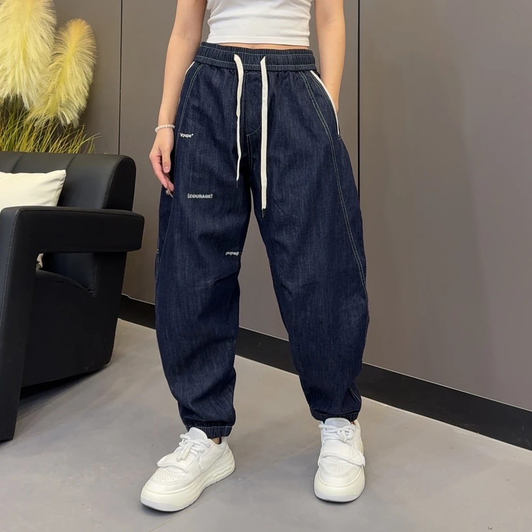 春夏新款潮牌刺绣复古水洗束脚牛仔裤男士时尚百搭宽松休闲阔腿裤