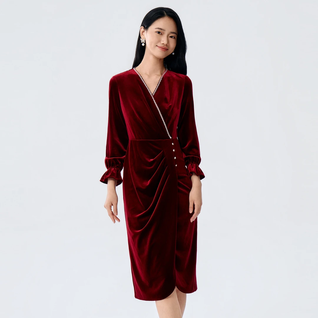 【双旦特惠】BuouBuou新品喜宴婚庆红宝石丝绒V领连衣裙女DLHG285