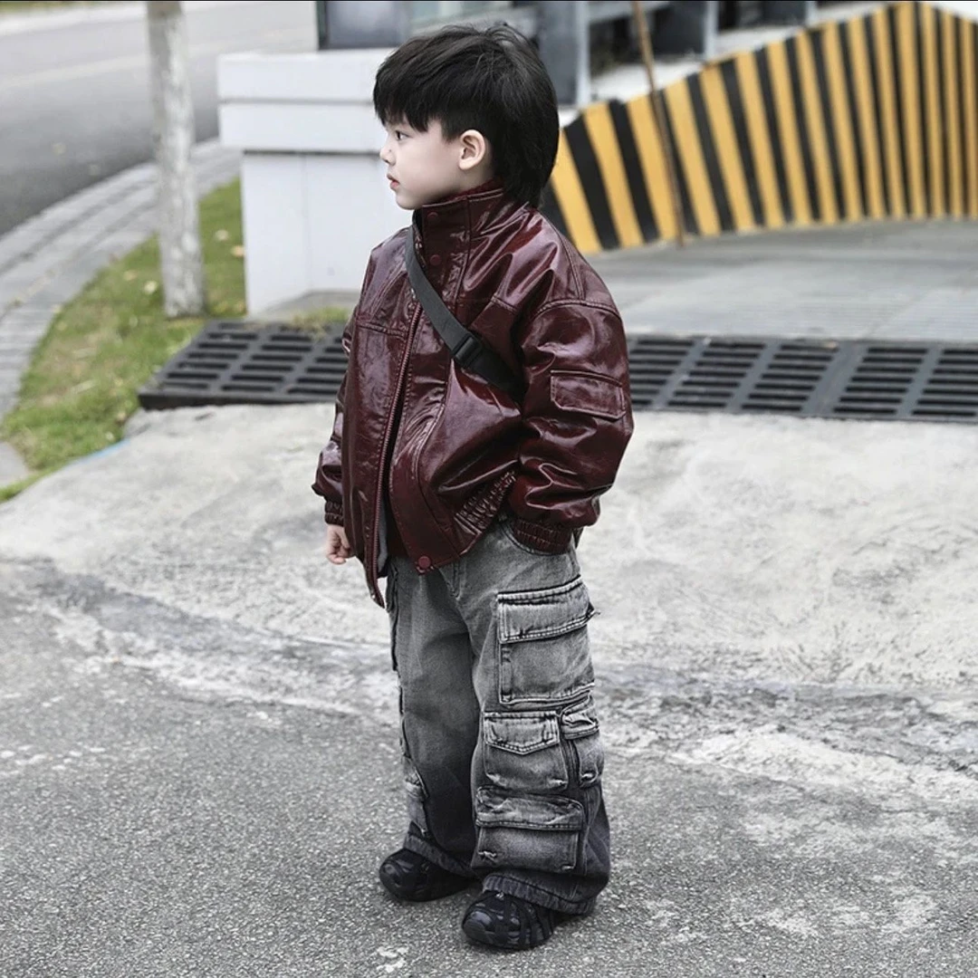 现货男童加厚加绒皮衣外套2024冬季新款复古漆皮红色时尚皮夹克潮