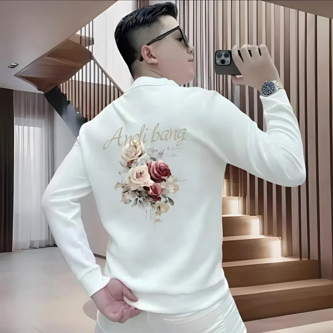 新款潮牌潮流个性花卉玫瑰花印花圆领卫衣男士秋冬季长袖上衣痞帅