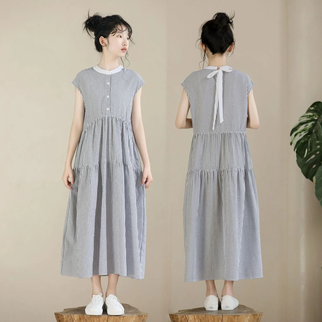 女童连衣裙2025新款夏季中大儿童条纹立领高端长款无袖宽松蛋糕裙