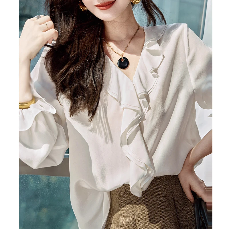 设计感荷叶边v领长袖白色衬衫女新款炸街气质小个子上衣0417
