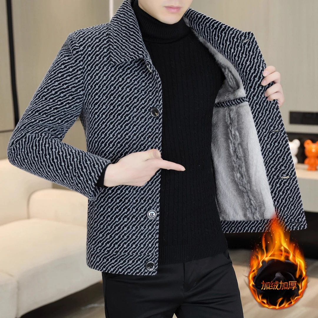 高级感翻领男士夹克外套男款秋冬季加绒加厚保暖休闲百搭毛呢上衣