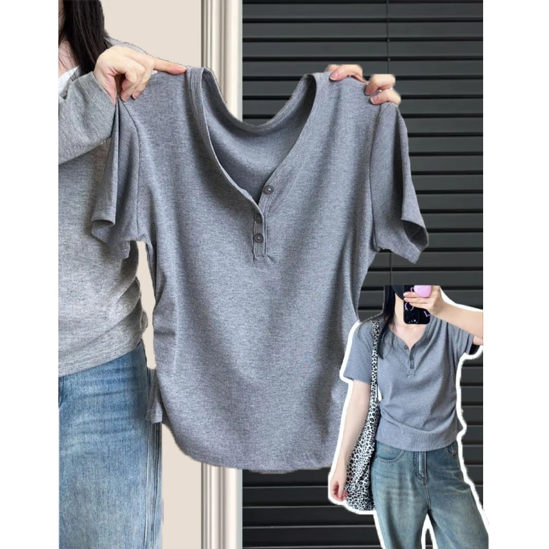 大码胖mm200斤法式独特掐腰正肩短袖t恤女夏季辣妹V领显瘦上衣ins