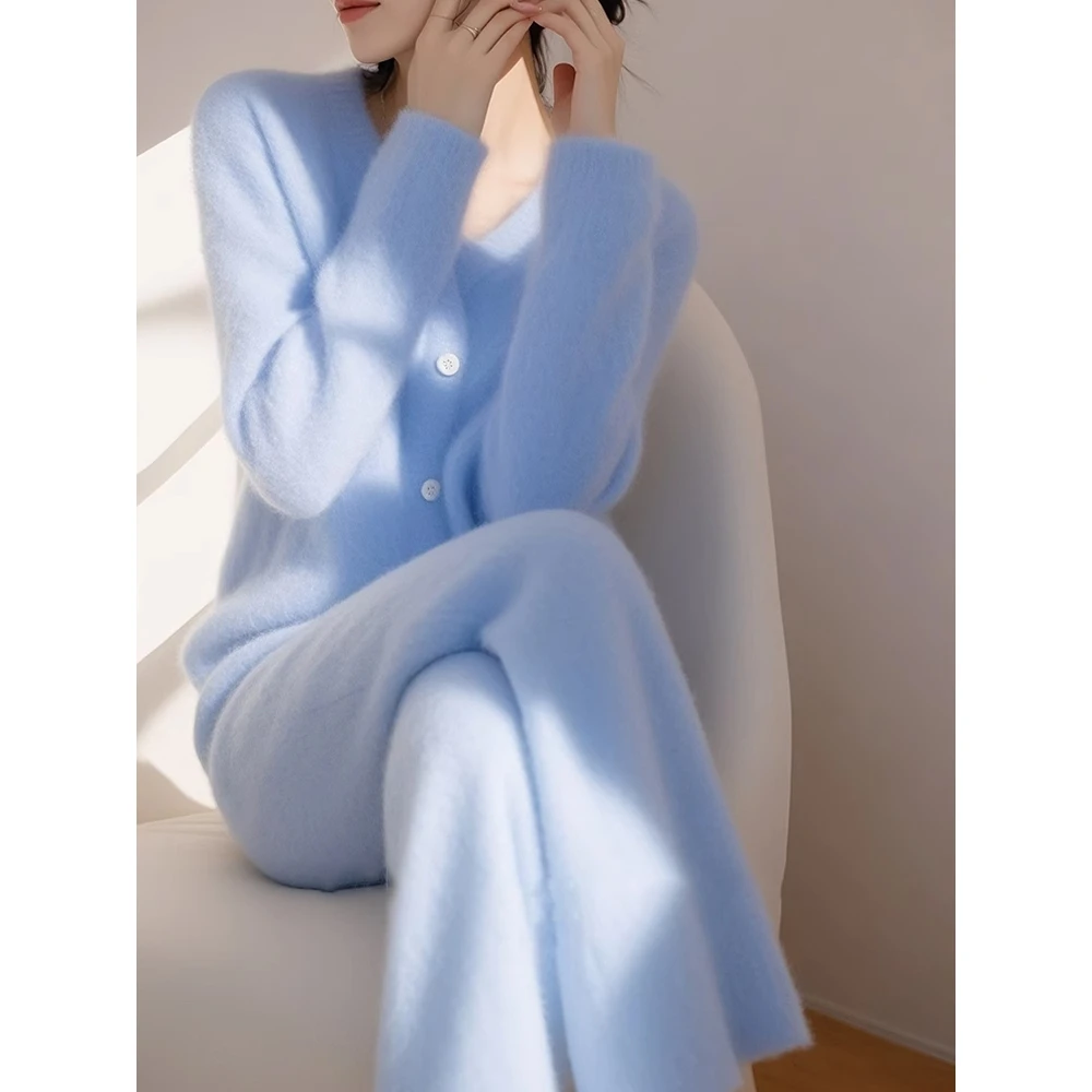 针织裤子上衣韩系搭配一整套冬装独特漂亮奶fufu慵懒蓝色毛衣套装