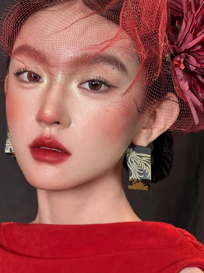 非金属木质耳饰 晓寒妆造清冷感红色新中式百搭手工耳环+头饰