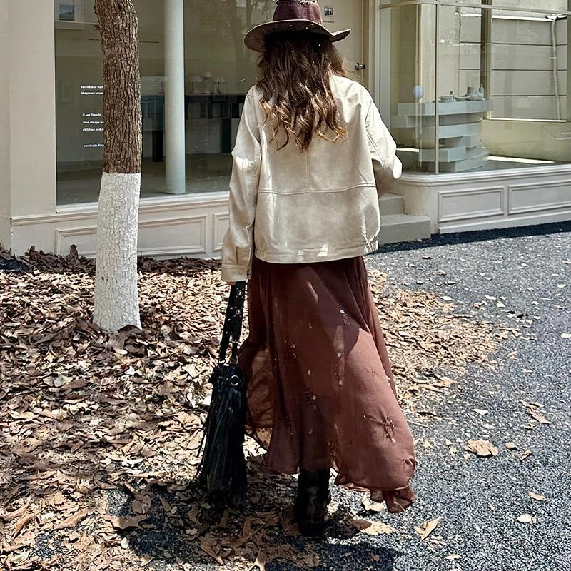 新款圆领立领皮衣米白色深褐色聚酯纤维面料时尚百搭韩版休闲宽松