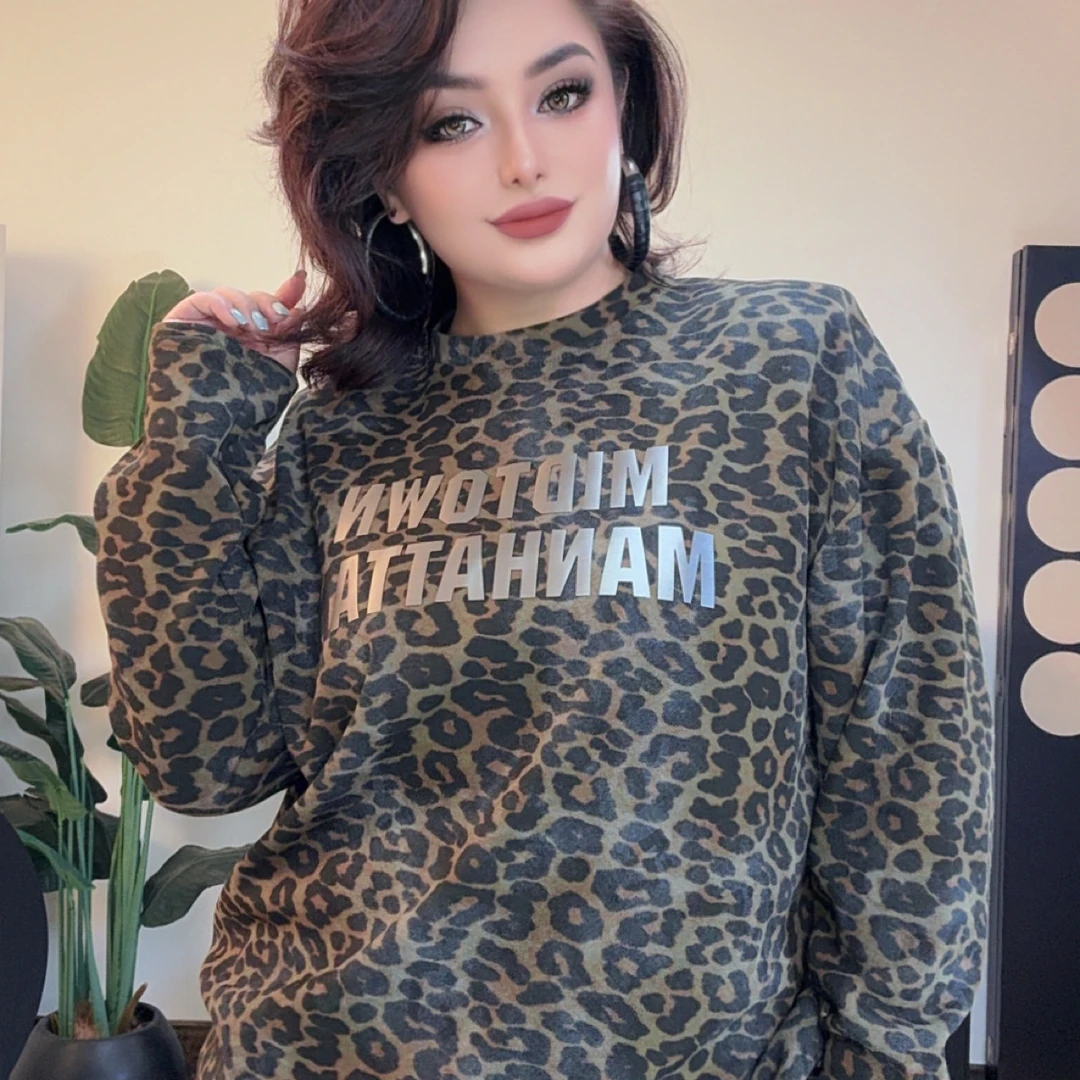 豹纹圆领长袖印花女时尚INS风T恤