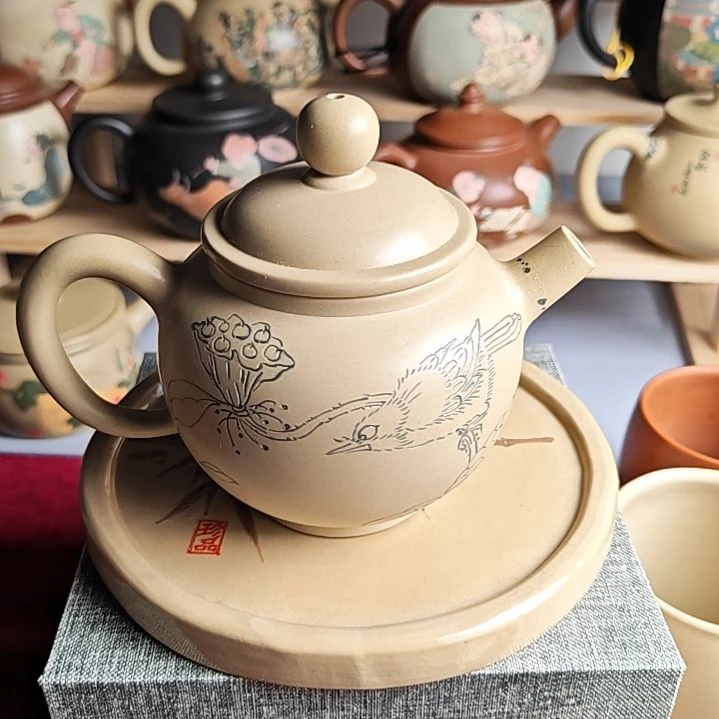 建水紫陶青花刻填全品复烧6号200cc