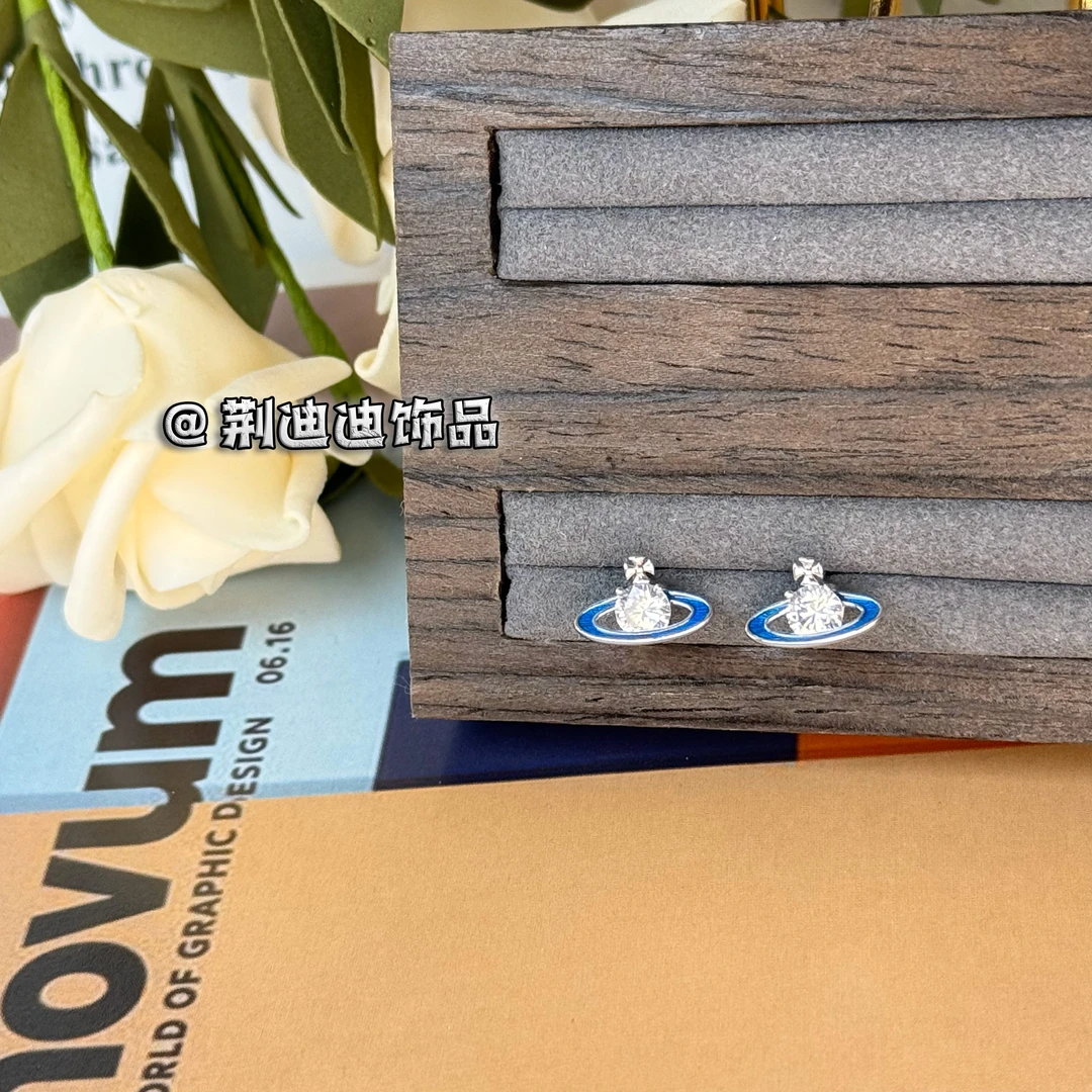 925银珐琅耳饰 土星蓝色锆石耳钉通体s925 RS-1099