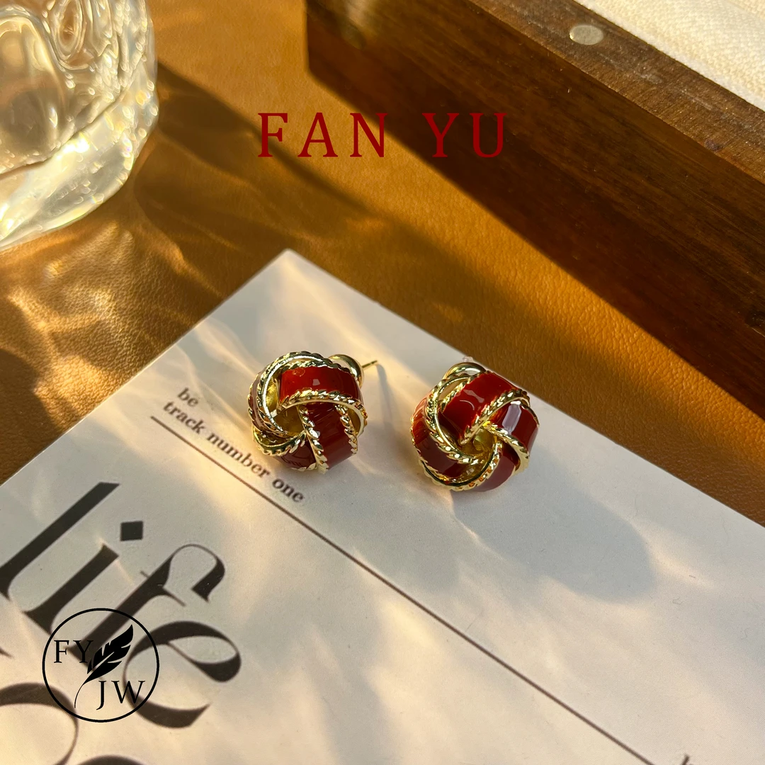 合金合成锆石耳饰 F0145 【红烟花】流光编织同心结耳环