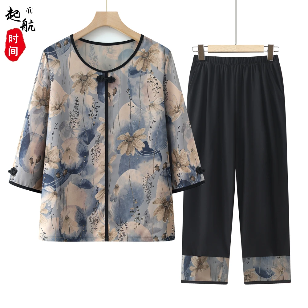 奶奶装2025新款夏季老太太夏装套装冰丝短袖中老年人女妈妈衣服薄