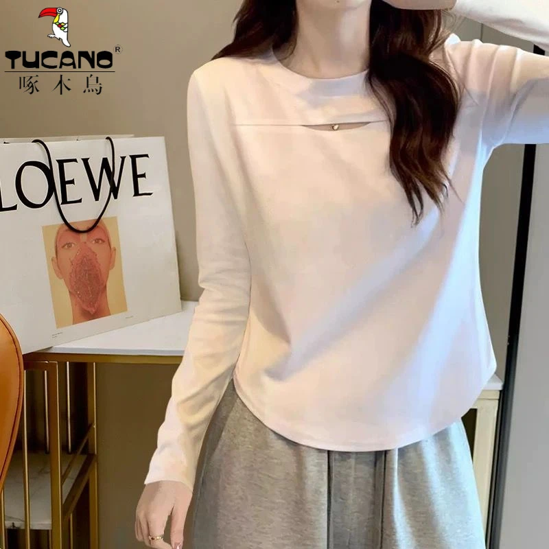 正品啄木鸟(运费险+现货)春秋打底衫遮肚子T简约显瘦修身薄款长袖
