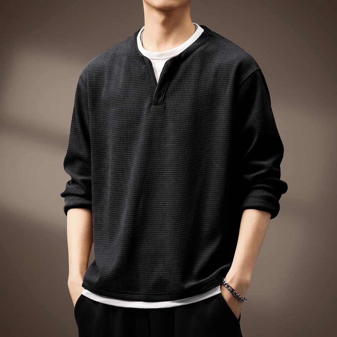 U&PURA高端日系复古肌理华夫格假两件T恤男春夏季新款宽松V领上衣