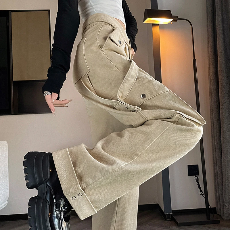 卡其牛仔裤女2025夏季辣妹宽松阔腿工装裤子加长版高腰窄版直筒裤