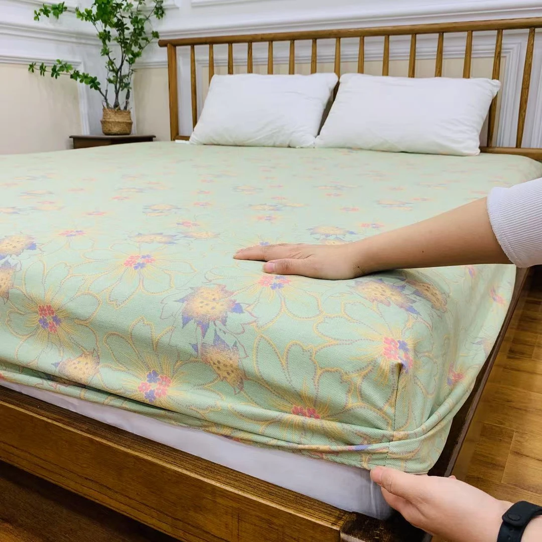 【花瑶-绿】加厚纱布扎染棉麻1.8X2床笠粗布感床垫保护套四季可用