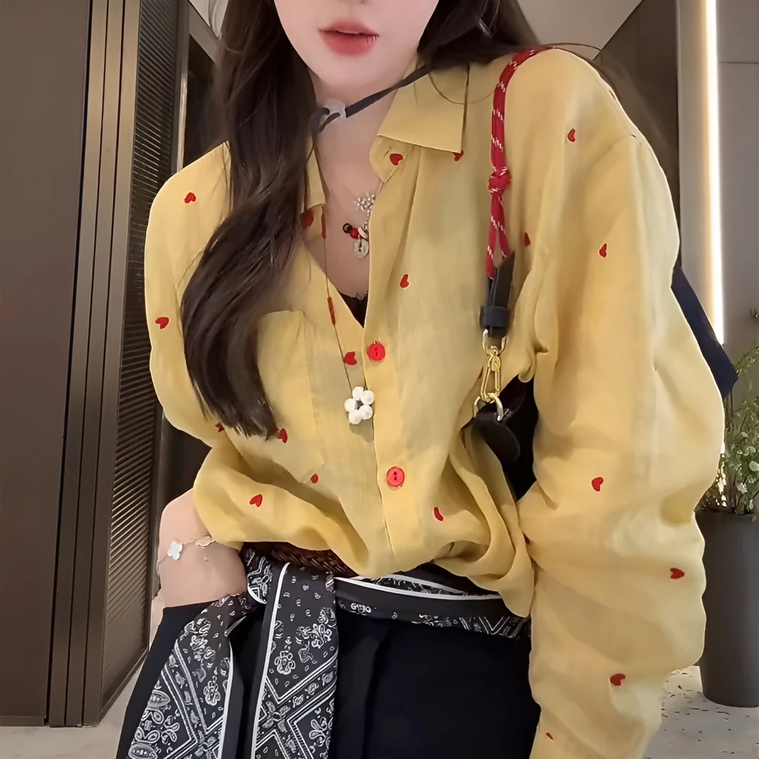 韩系休闲百搭爱心刺绣衬衫女2025春夏新款薄款宽松显瘦慵懒风上衣