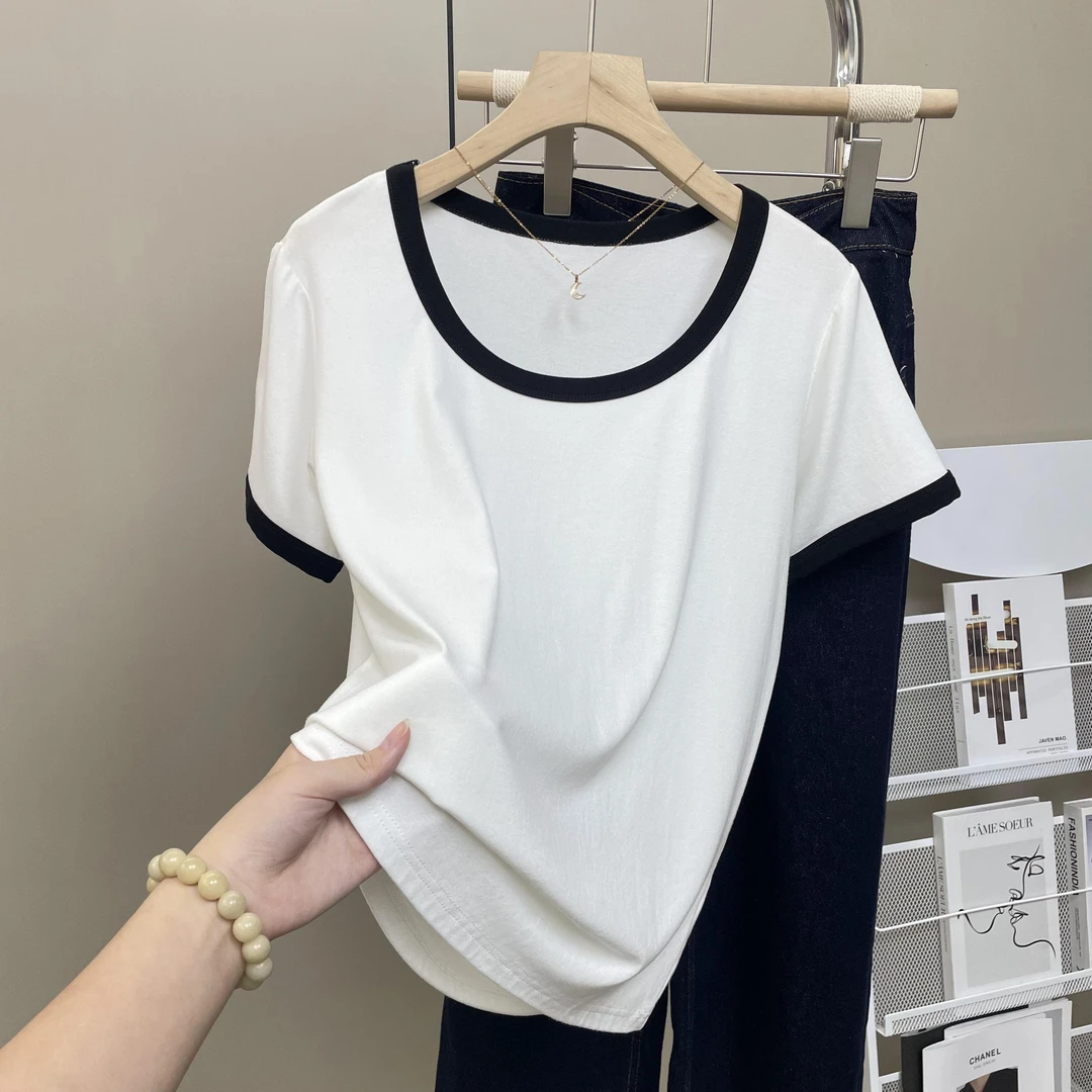 大码200斤学院风撞色U领正肩短袖t恤女夏季新款百搭遮肉显瘦上衣