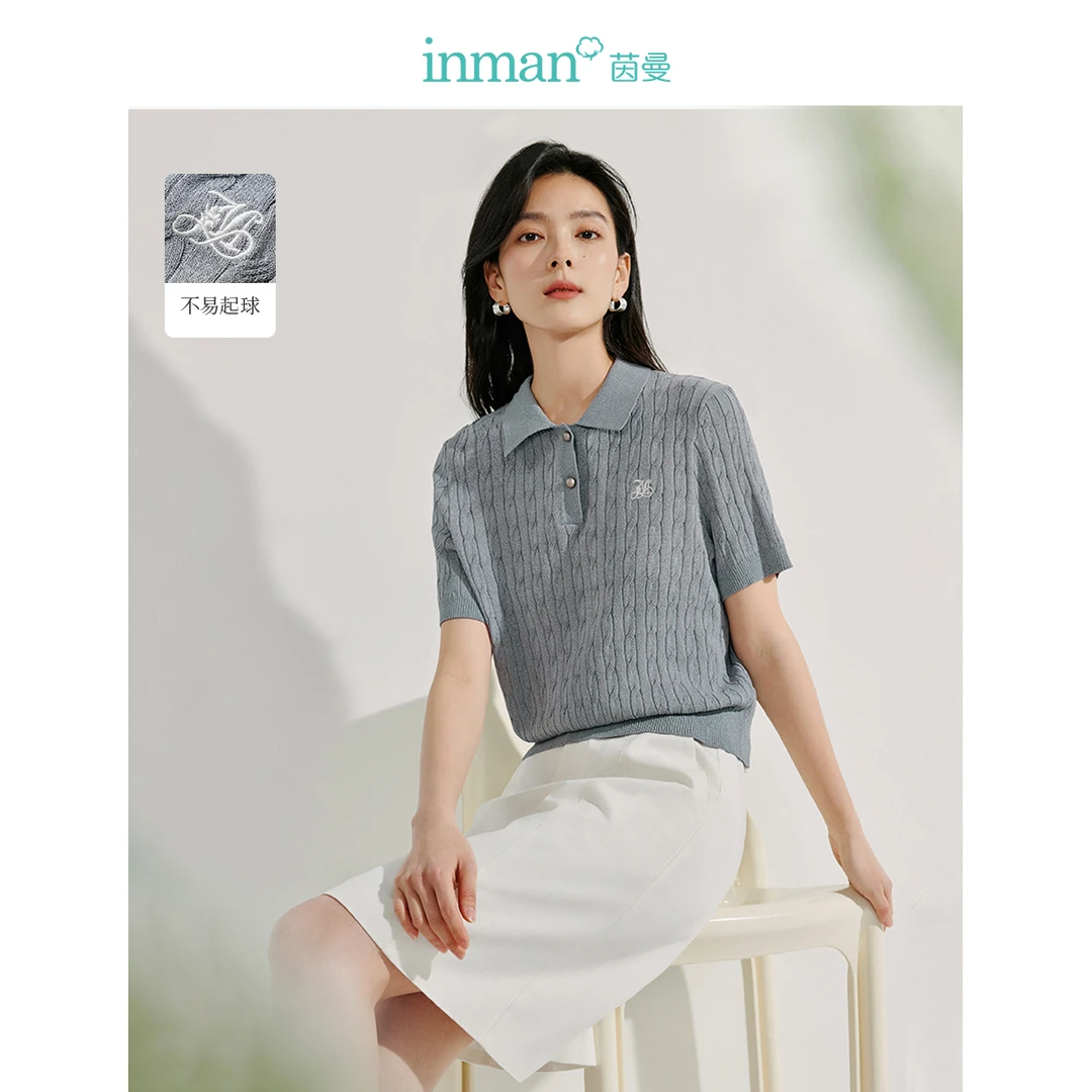 【茵曼精灵风】茵曼miu系麻花短袖薄针织衫夏季法式通勤灰色POLO衫